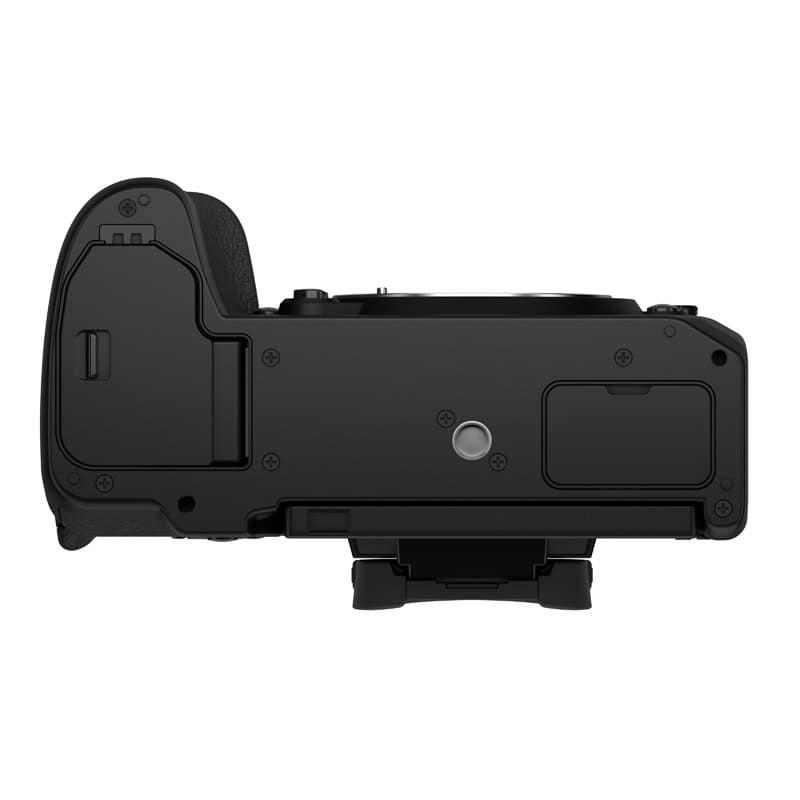 Bodenansicht der Fujifilm X-H2 Kamera ohne Objektiv.