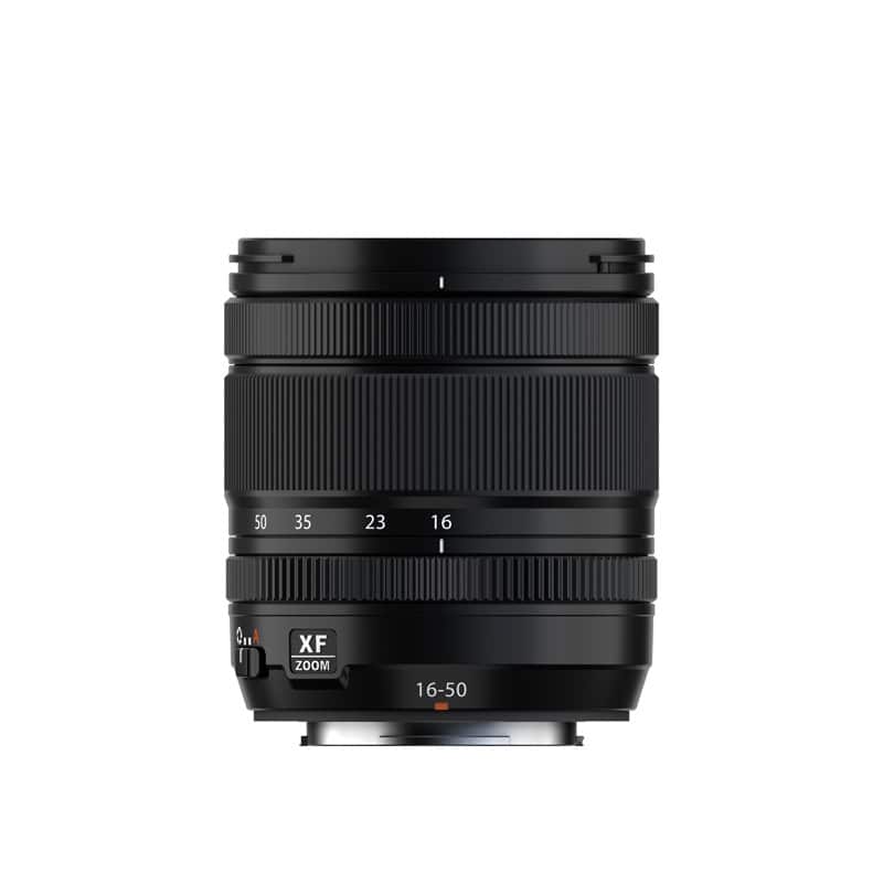 Fujinon XF16-50mm F2.8-4.8 R LM WR Objektiv auf weißem Hintergrund.