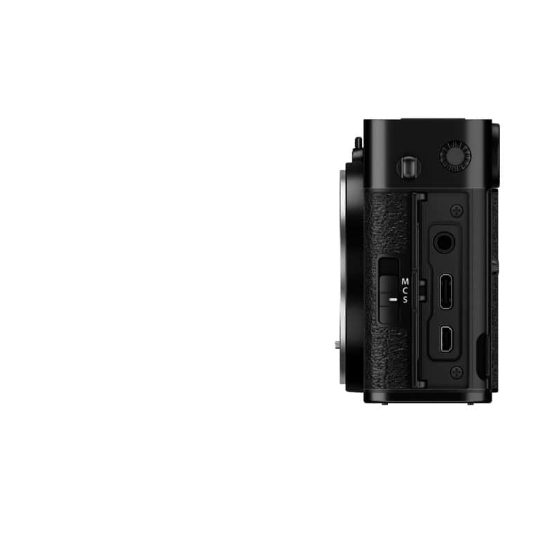 Schwarzes Fujifilm X-E5 Gehäuse mit Bedienelementen.