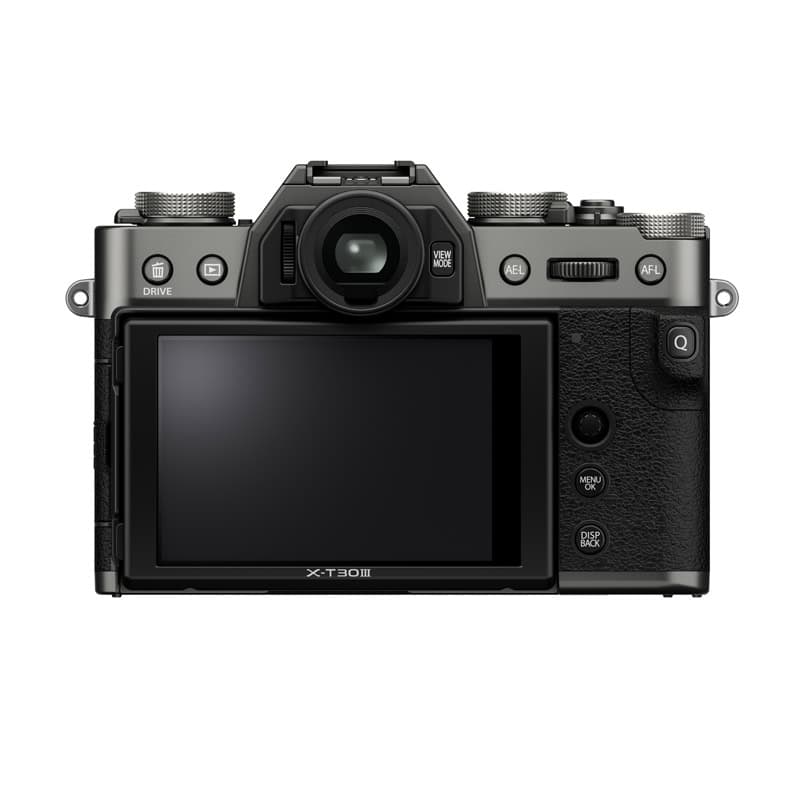 Fujifilm X-T30 III Gehäuse in anthrazit, Rückansicht mit Display und Bedienelementen.