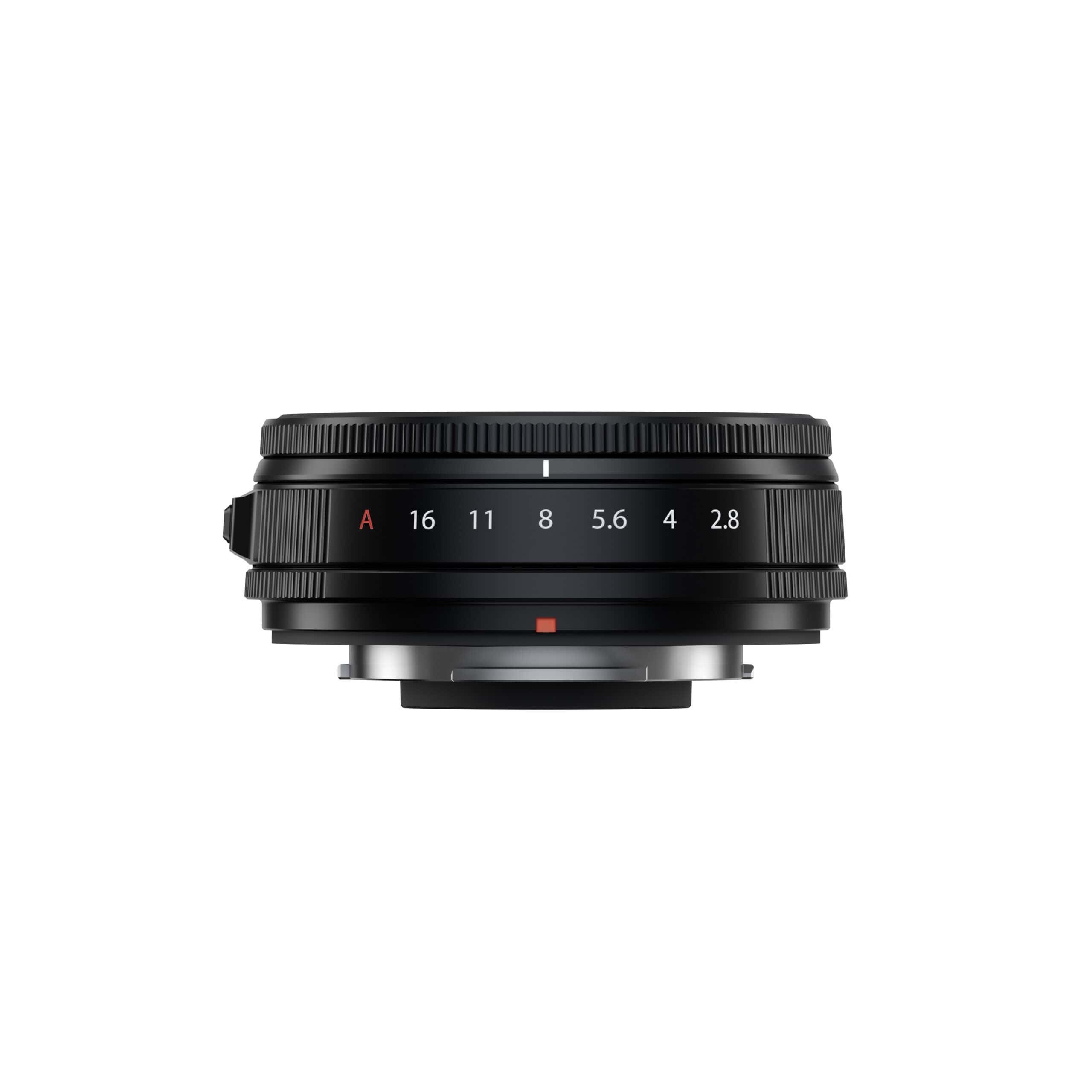 Fujinon XF23mm F2.8 R WR Objektiv in Schwarz auf weißem Hintergrund.